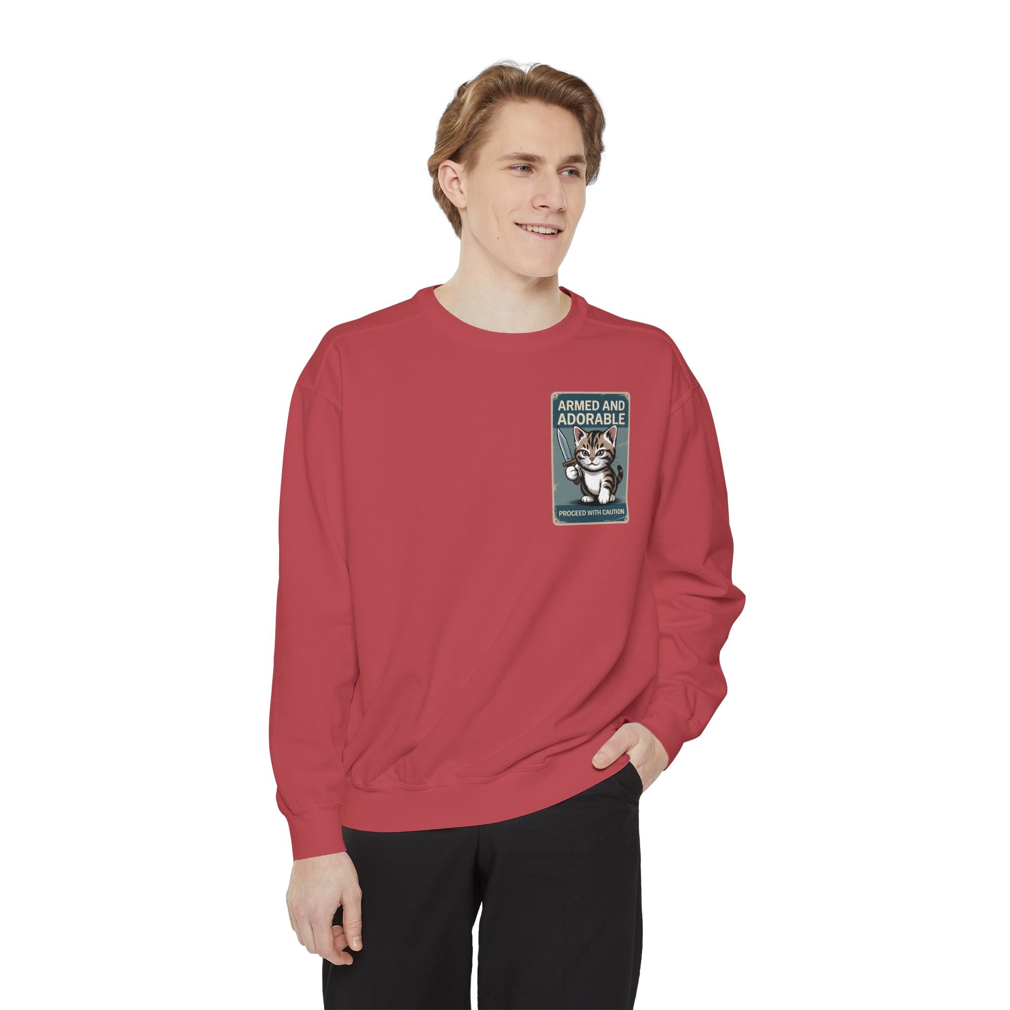 Armed and Adorable Cat Sweatshirt — Cute Graphic Crewneck for Cat Lovers