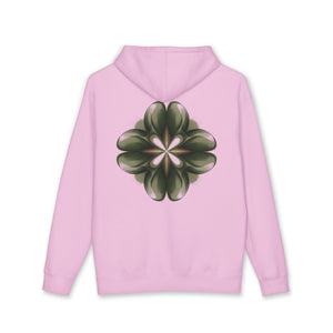 Aven Lore Graphic Hoodie — Minimal Logo Front & Olive Floral Emblem Back