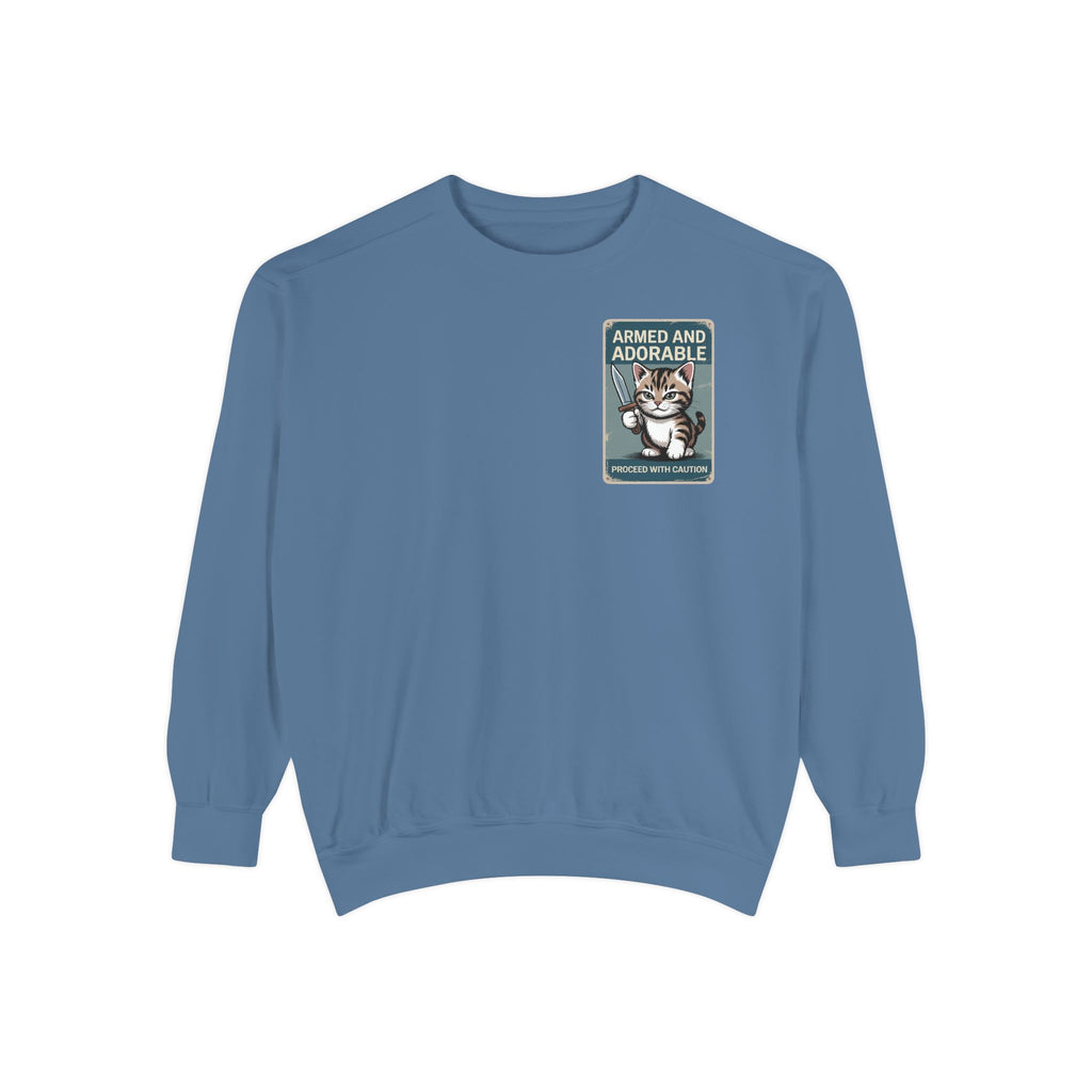 Armed and Adorable Cat Sweatshirt — Cute Graphic Crewneck for Cat Lovers