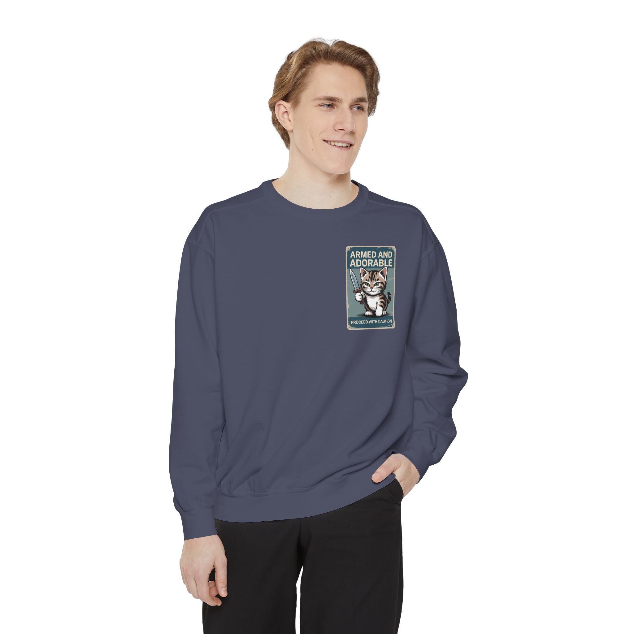 Armed and Adorable Cat Sweatshirt — Cute Graphic Crewneck for Cat Lovers