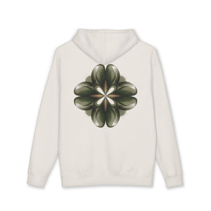 Aven Lore Graphic Hoodie — Minimal Logo Front & Olive Floral Emblem Back
