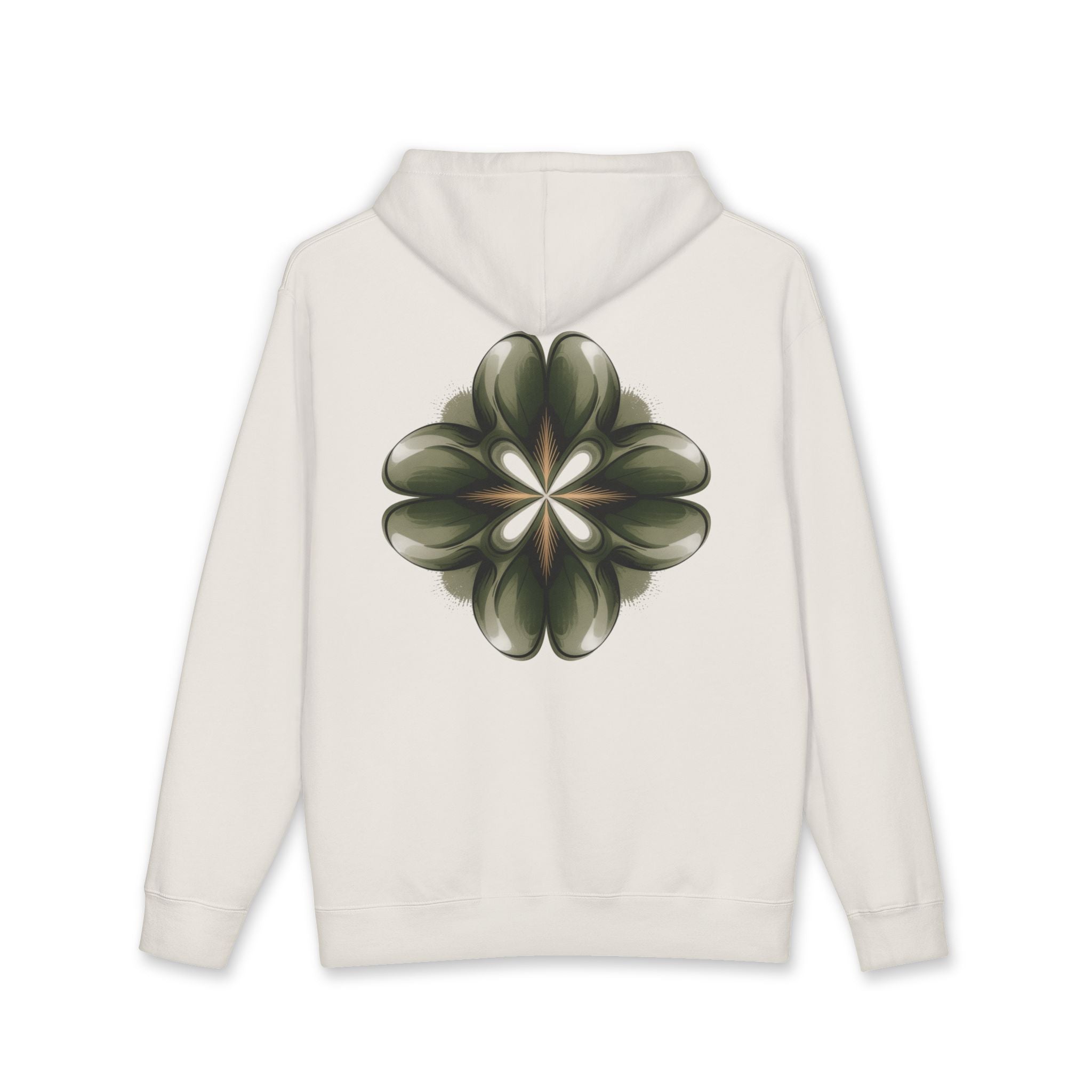 Aven Lore Graphic Hoodie — Minimal Logo Front & Olive Floral Emblem Back