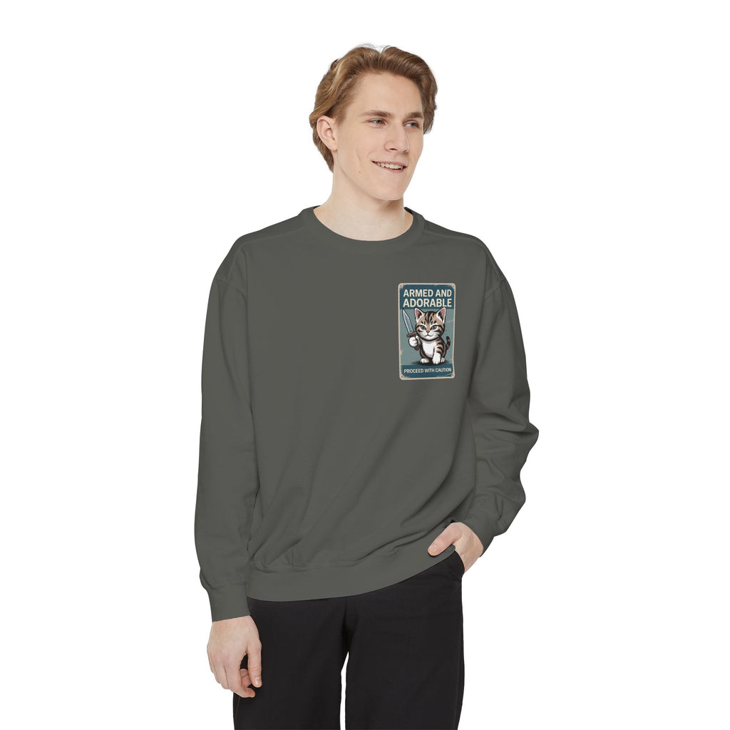 Armed and Adorable Cat Sweatshirt — Cute Graphic Crewneck for Cat Lovers