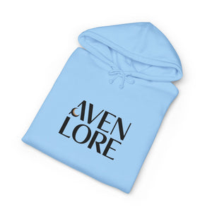 Aven Lore Graphic Hoodie — Minimal Logo Front & Olive Floral Emblem Back