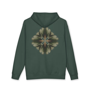 Aven Lore Graphic Hoodie — Minimal Logo Front & Olive Floral Emblem Back
