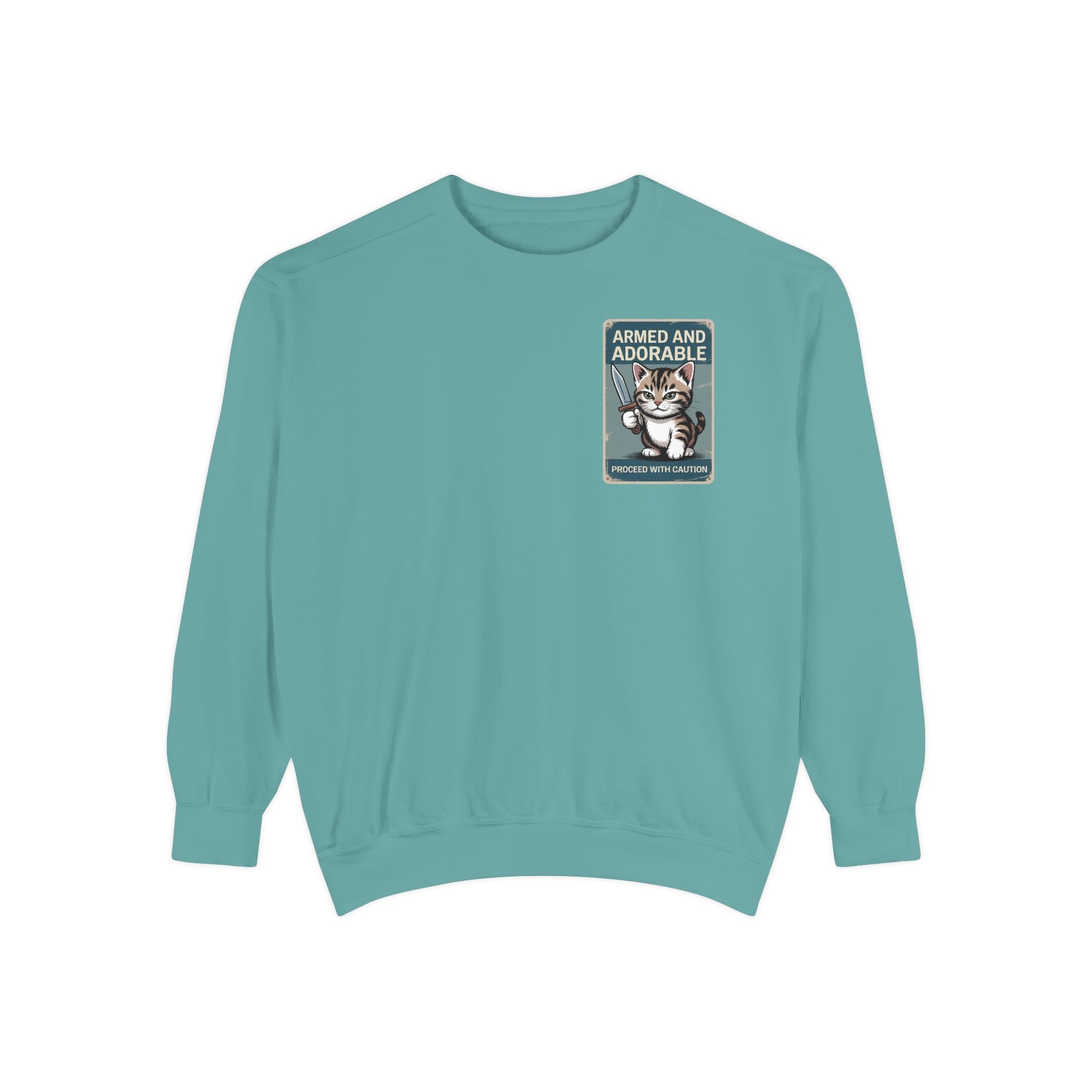 Armed and Adorable Cat Sweatshirt — Cute Graphic Crewneck for Cat Lovers