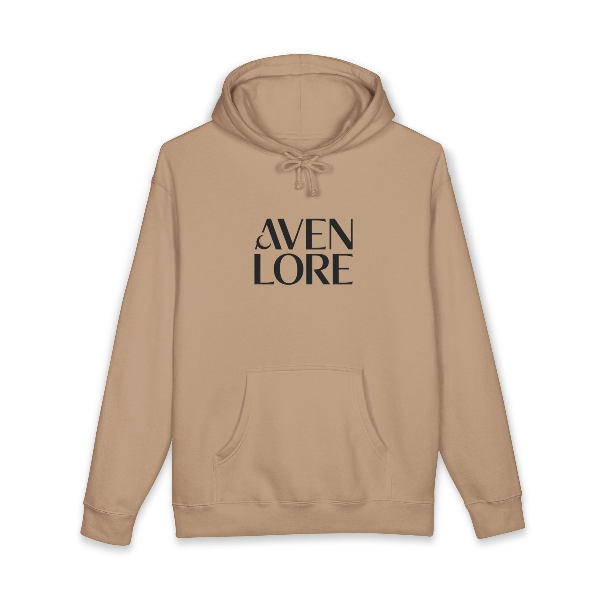Aven Lore Graphic Hoodie — Minimal Logo Front & Olive Floral Emblem Back