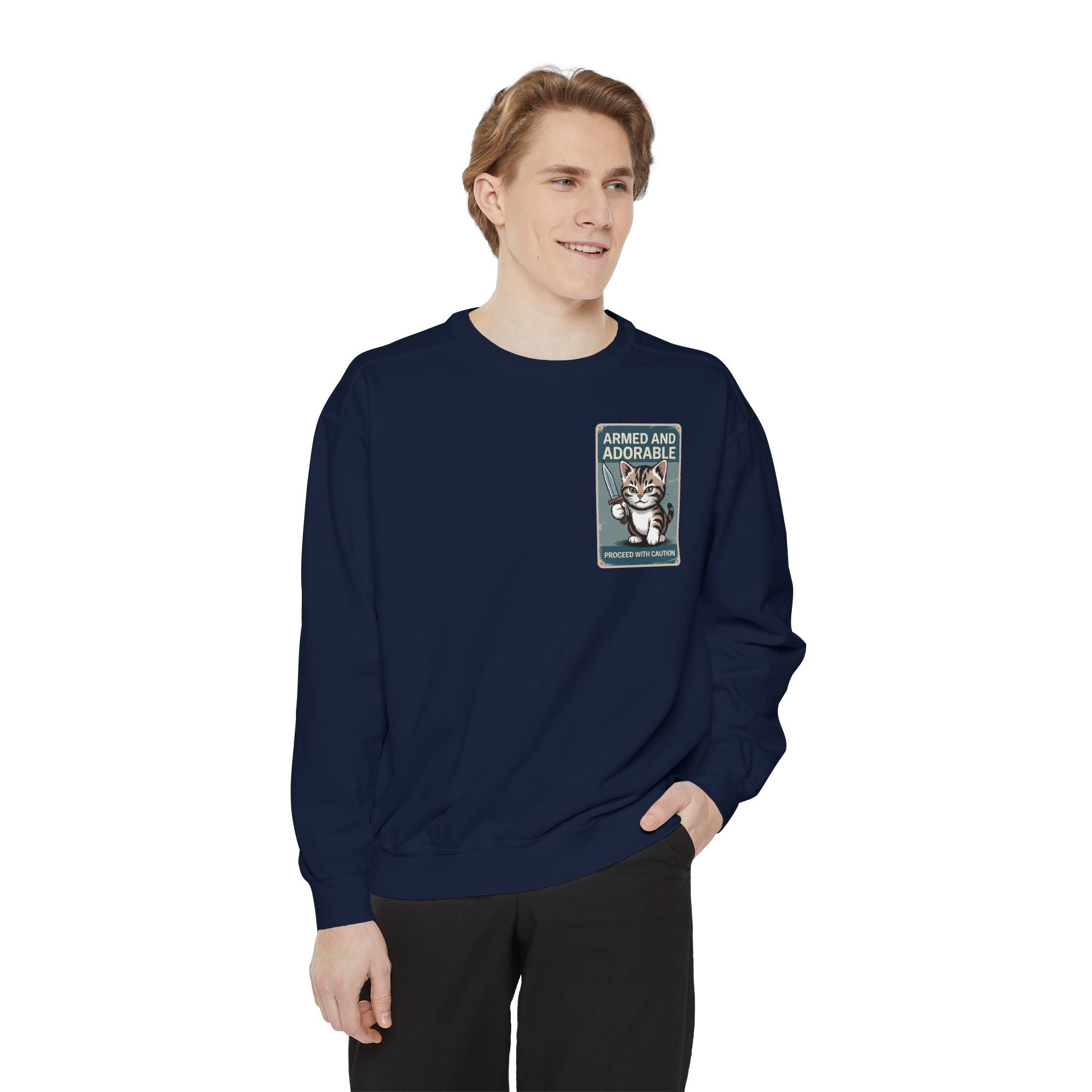 Armed and Adorable Cat Sweatshirt — Cute Graphic Crewneck for Cat Lovers