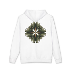 Aven Lore Graphic Hoodie — Minimal Logo Front & Olive Floral Emblem Back