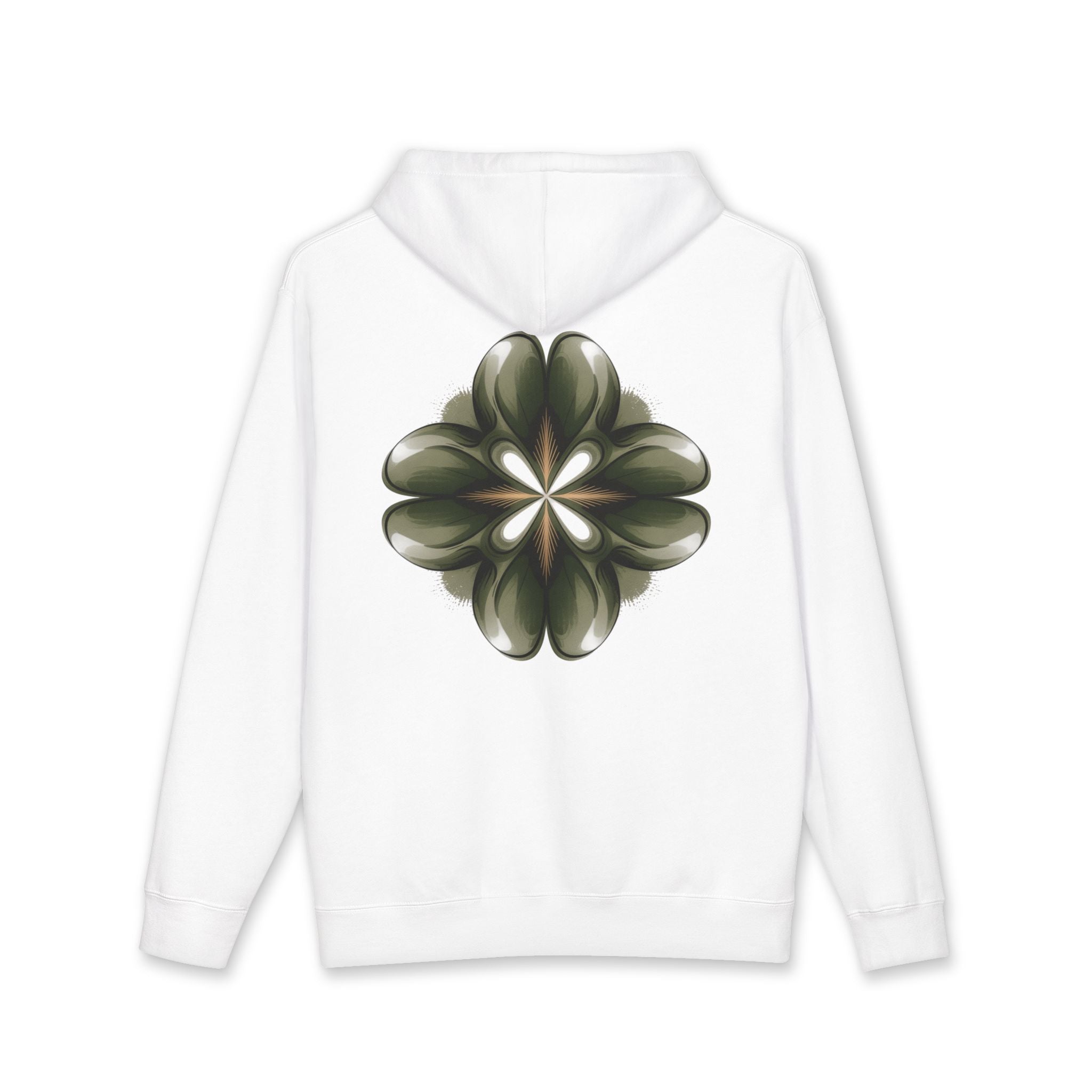 Aven Lore Graphic Hoodie — Minimal Logo Front & Olive Floral Emblem Back