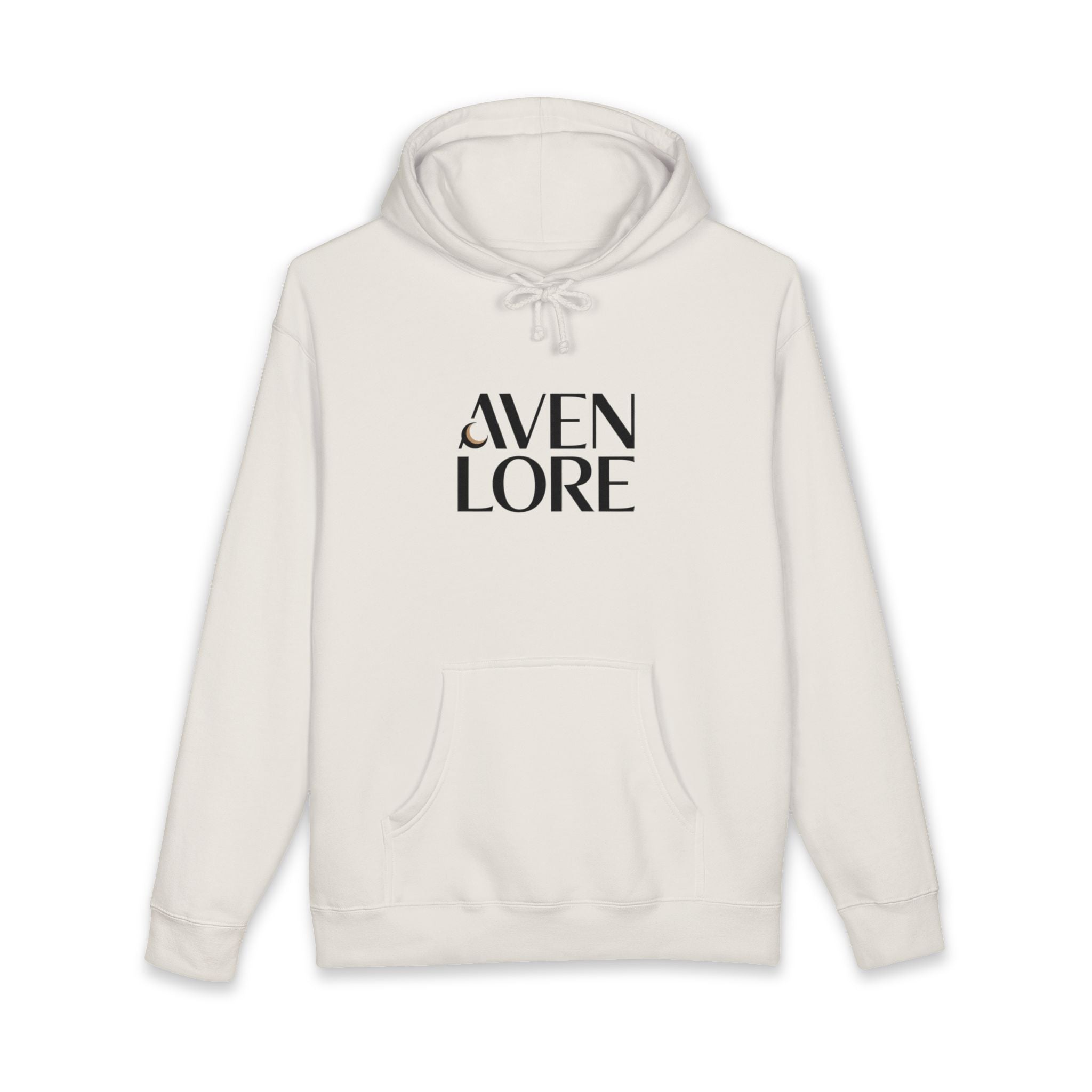 Aven Lore Graphic Hoodie — Minimal Logo Front & Olive Floral Emblem Back
