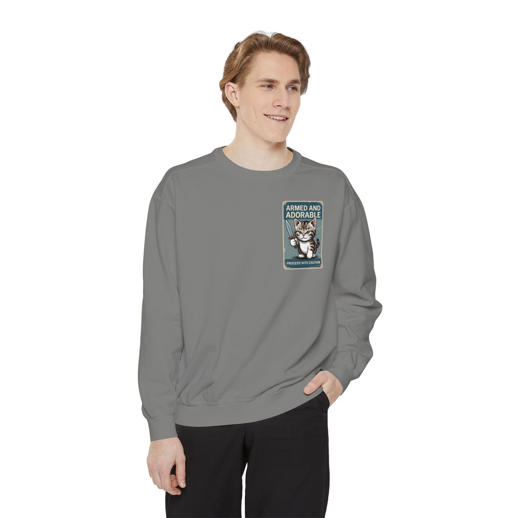 Armed and Adorable Cat Sweatshirt — Cute Graphic Crewneck for Cat Lovers