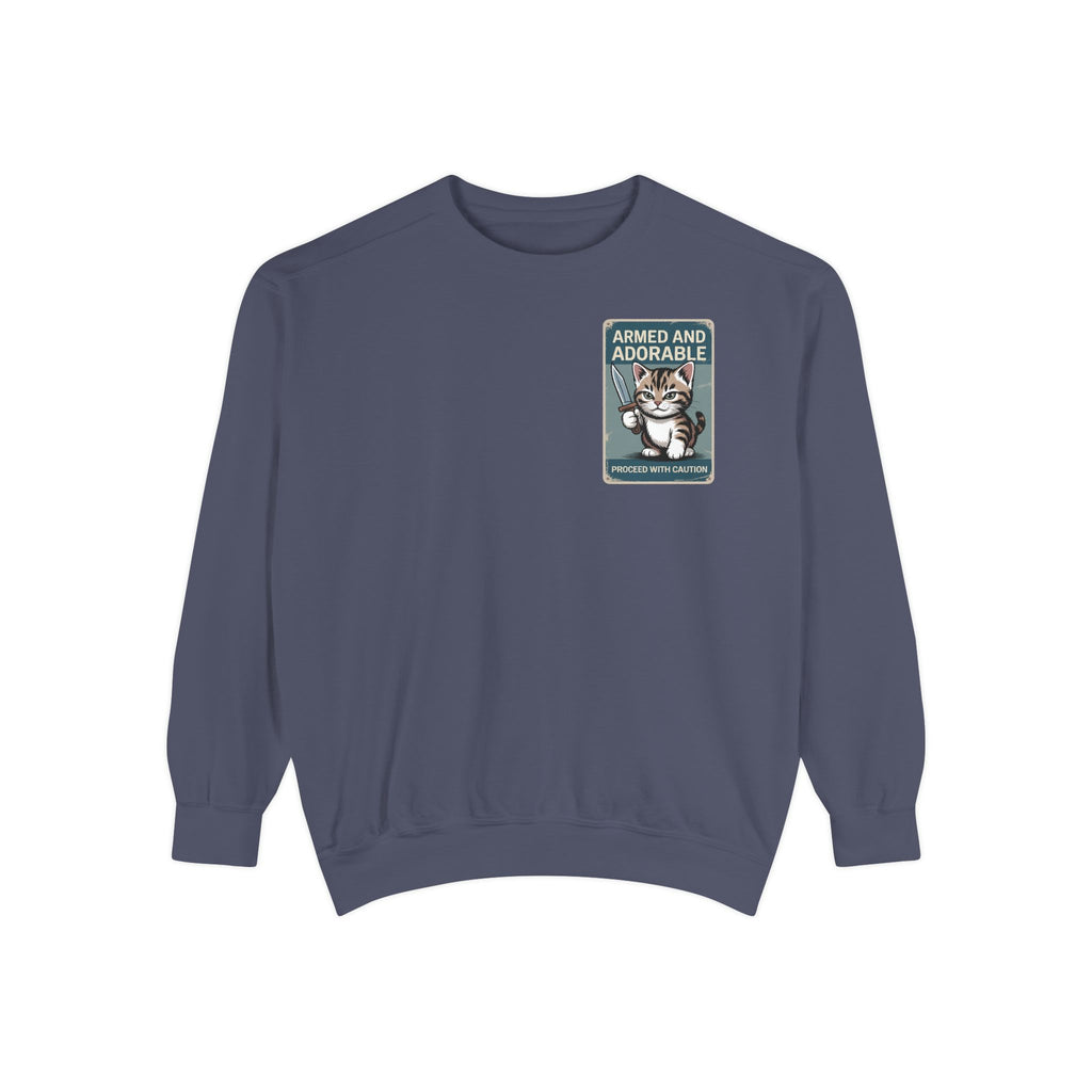 Armed and Adorable Cat Sweatshirt — Cute Graphic Crewneck for Cat Lovers