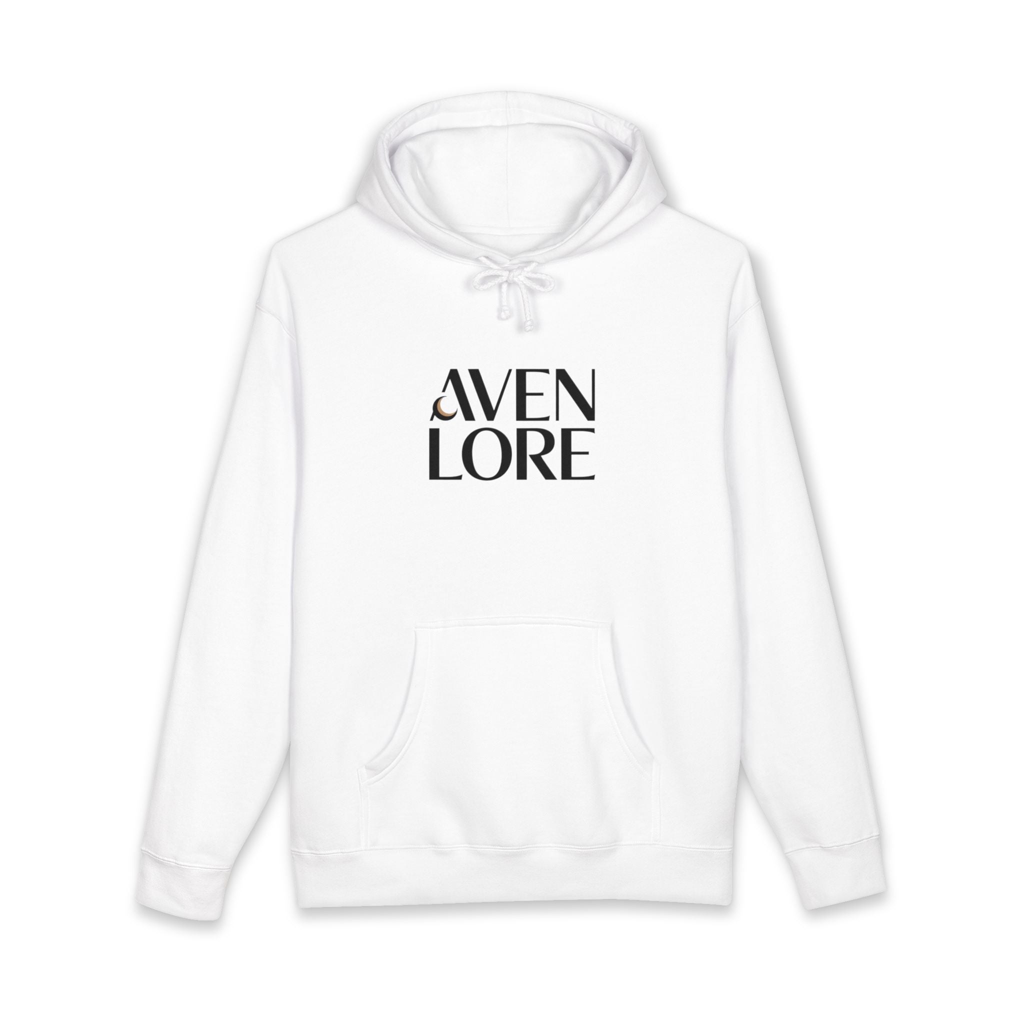 Aven Lore Graphic Hoodie — Minimal Logo Front & Olive Floral Emblem Back