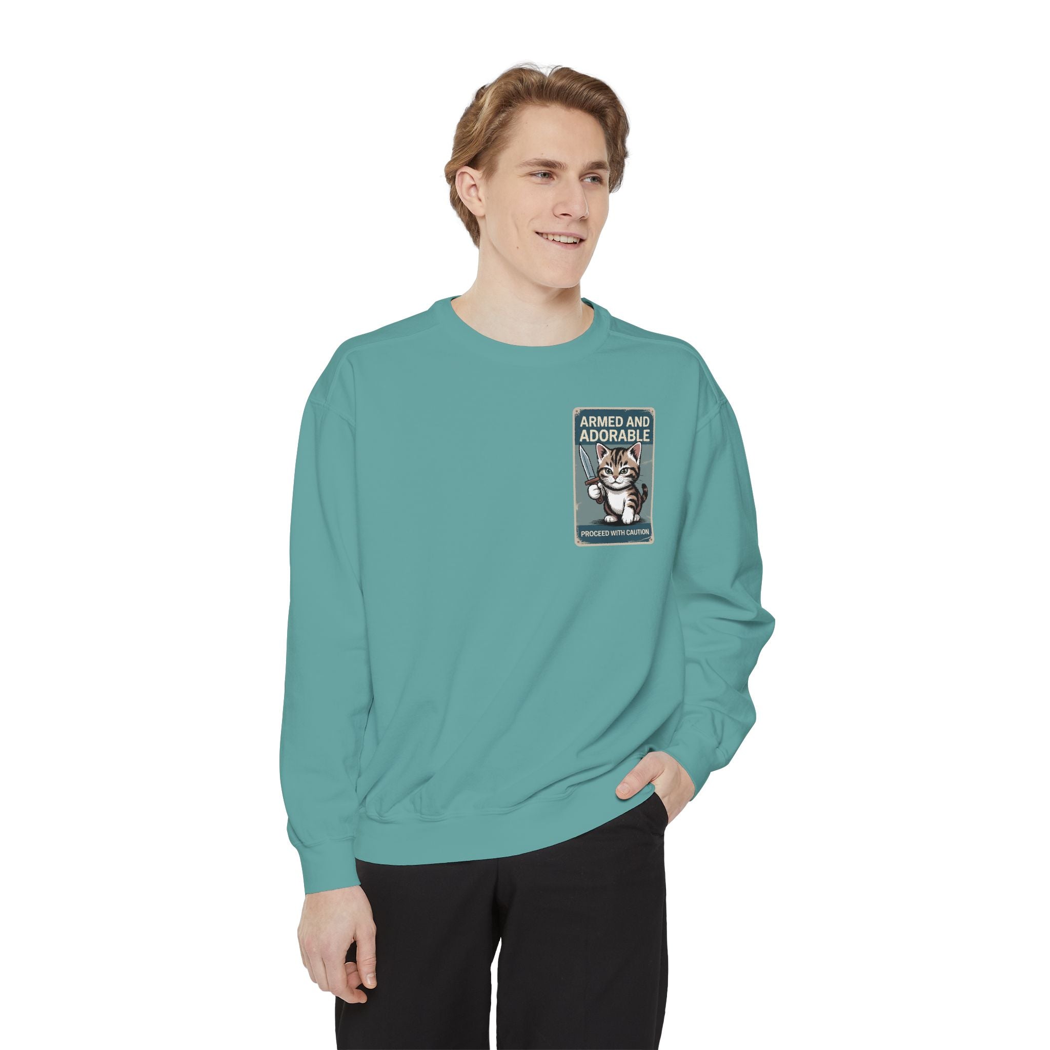 Armed and Adorable Cat Sweatshirt — Cute Graphic Crewneck for Cat Lovers