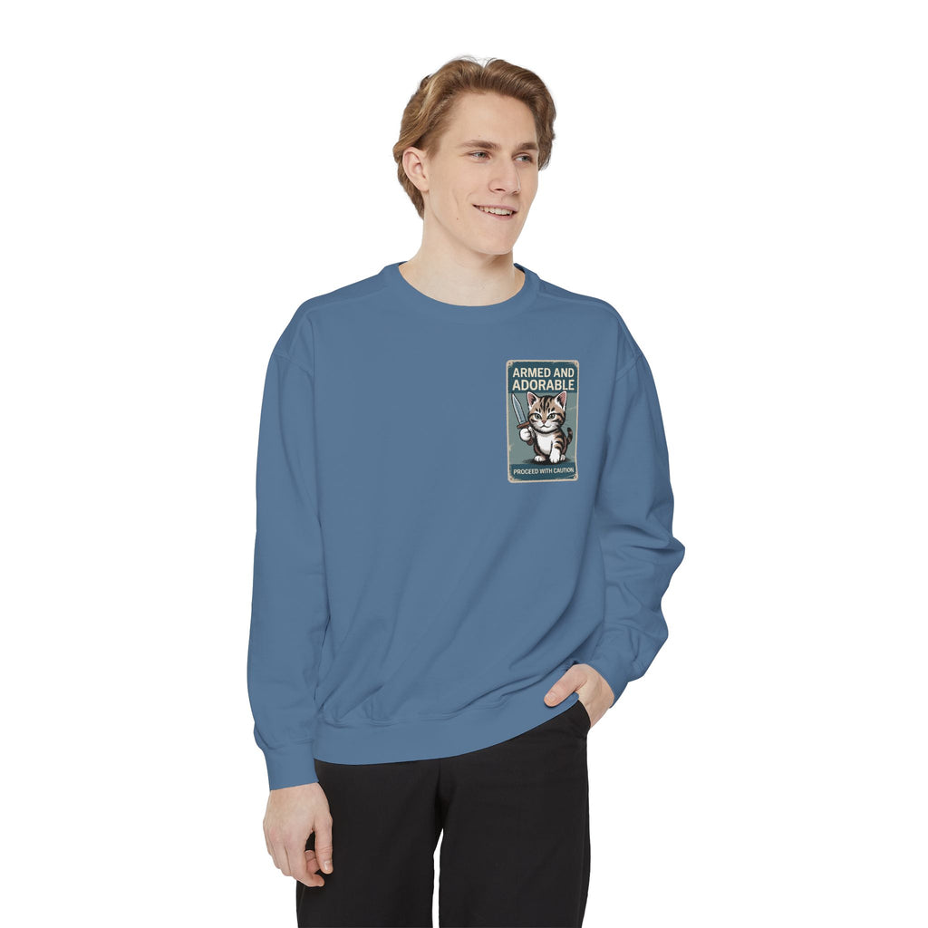 Armed and Adorable Cat Sweatshirt — Cute Graphic Crewneck for Cat Lovers