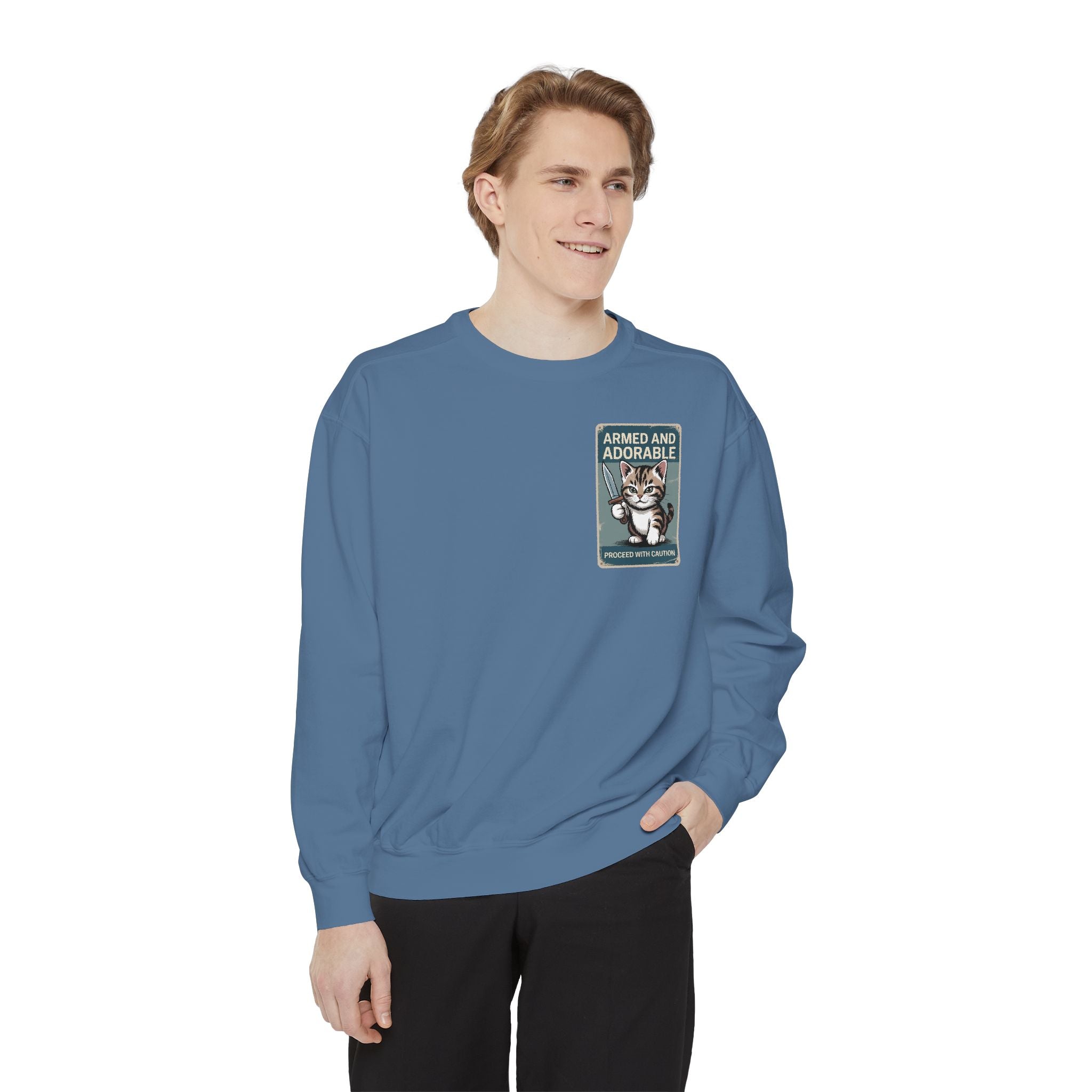 Armed and Adorable Cat Sweatshirt — Cute Graphic Crewneck for Cat Lovers