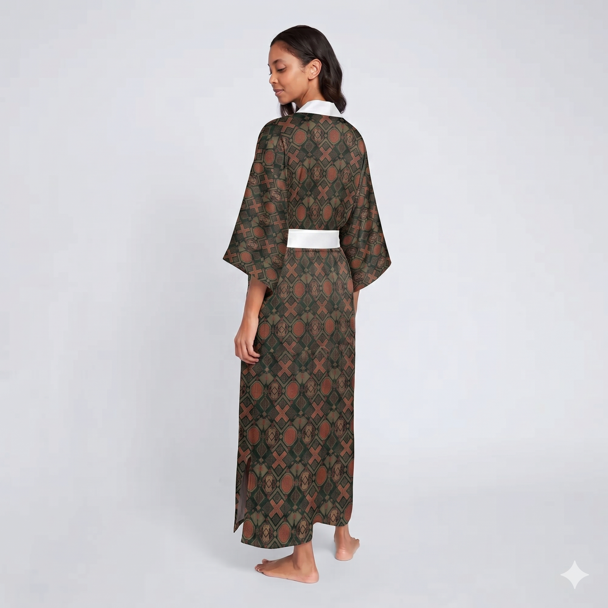 Vintage Earth-Tone Geometric Kimono Robe — Long Sleeve Lounge Jacket