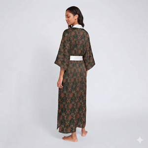 Vintage Earth-Tone Geometric Kimono Robe — Long Sleeve Lounge Jacket