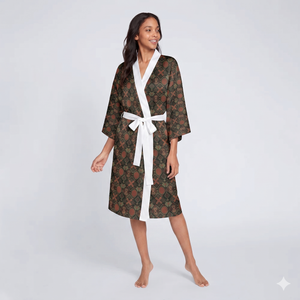 Vintage Earth-Tone Geometric Kimono Robe — Long Sleeve Lounge Jacket