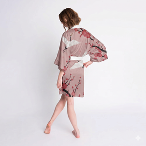 Pink Crane & Cherry Blossom Kimono Robe