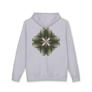 Aven Lore Graphic Hoodie — Minimal Logo Front & Olive Floral Emblem Back