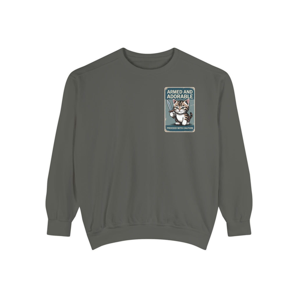 Armed and Adorable Cat Sweatshirt — Cute Graphic Crewneck for Cat Lovers