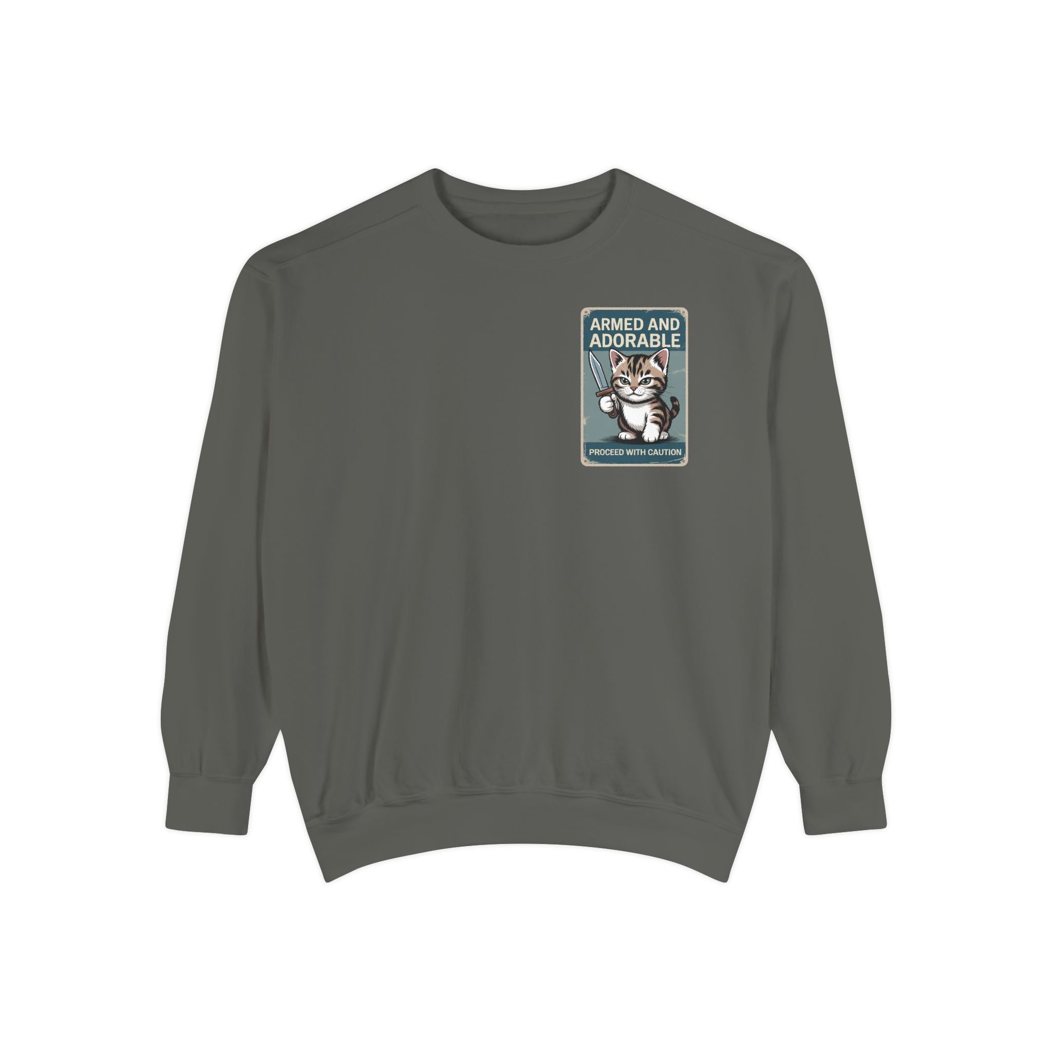 Armed and Adorable Cat Sweatshirt — Cute Graphic Crewneck for Cat Lovers