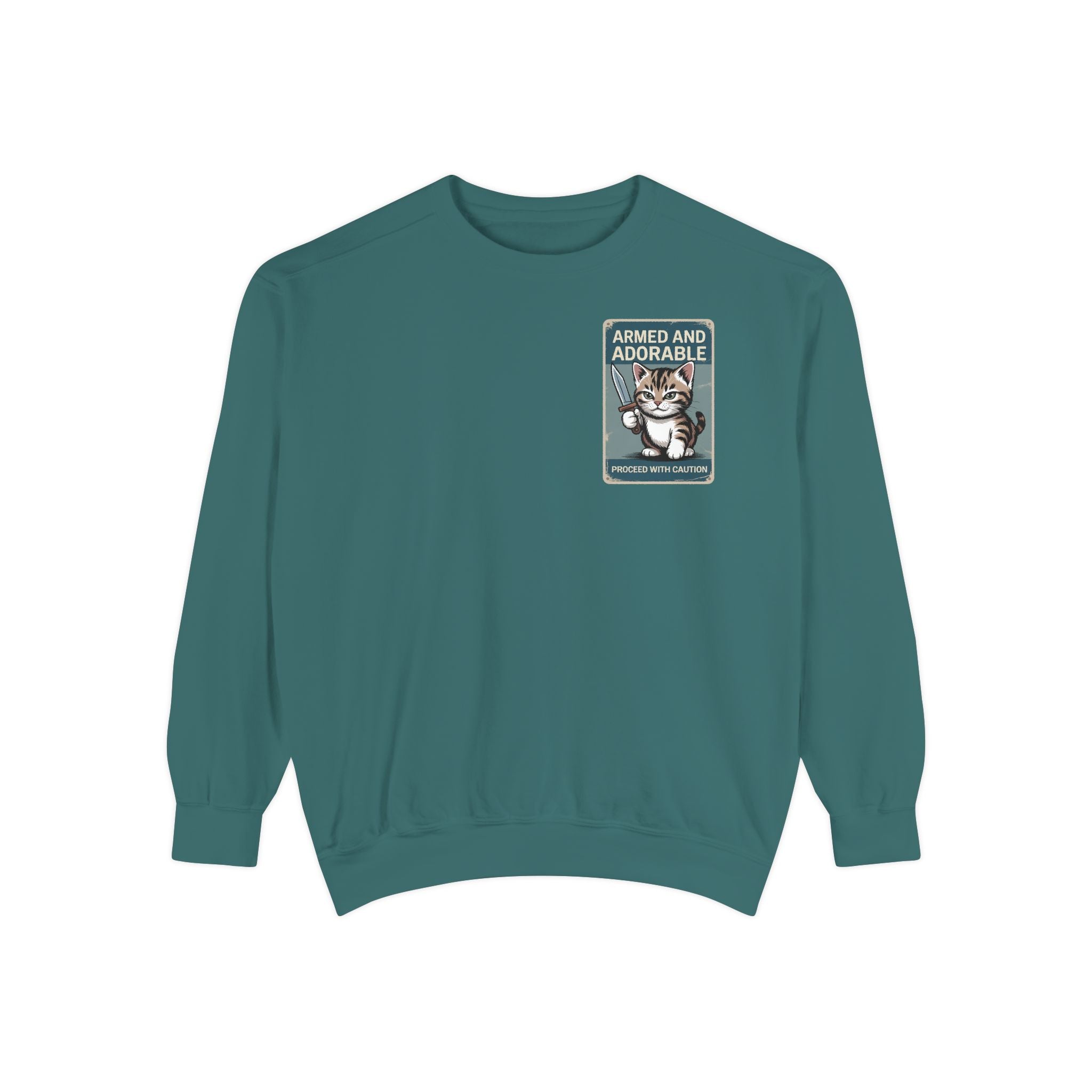 Armed and Adorable Cat Sweatshirt — Cute Graphic Crewneck for Cat Lovers