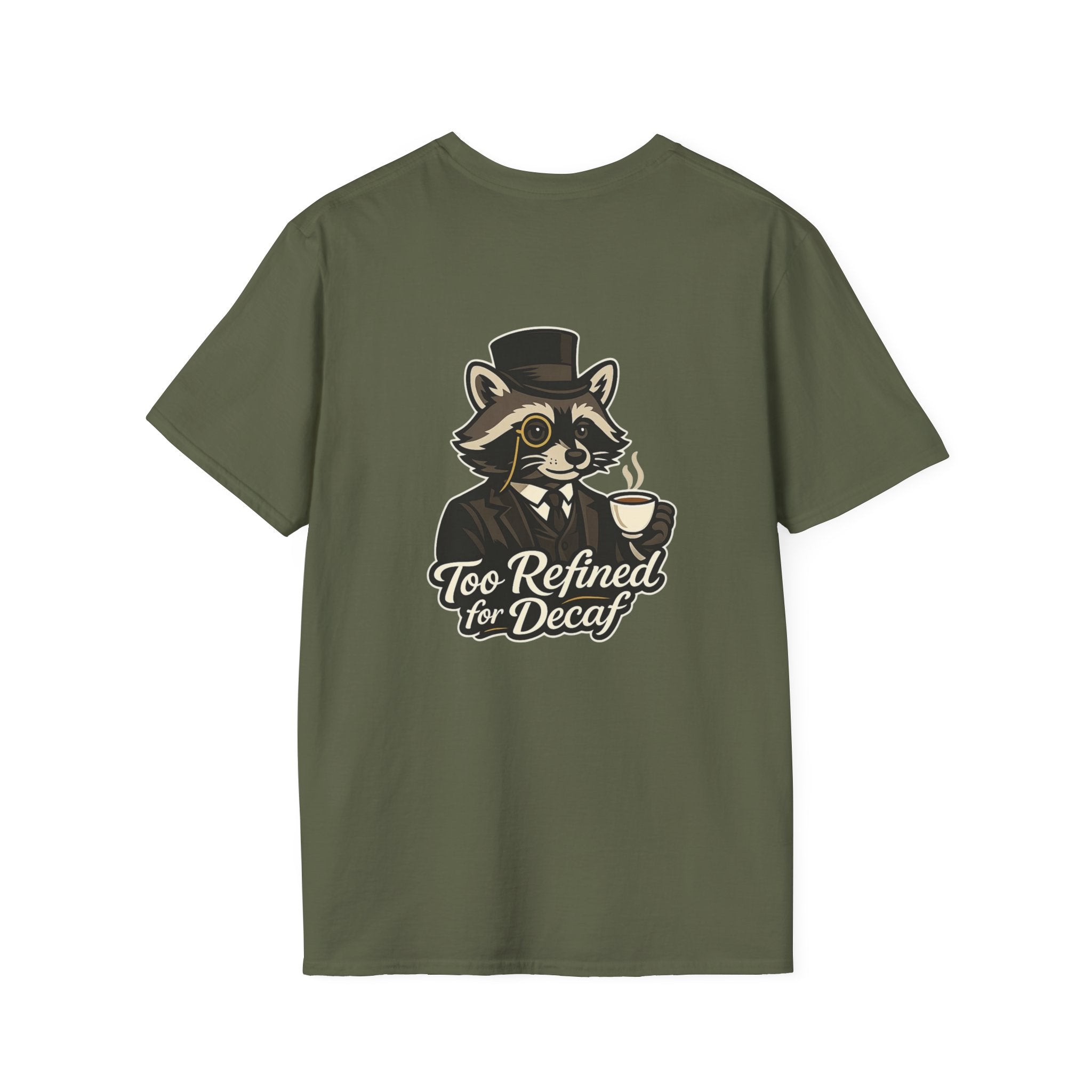 Too Refined for Decaf T-Shirt — Vintage Dapper Raccoon Coffee Tee