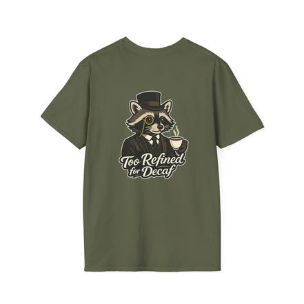 Too Refined for Decaf T-Shirt — Vintage Dapper Raccoon Coffee Tee