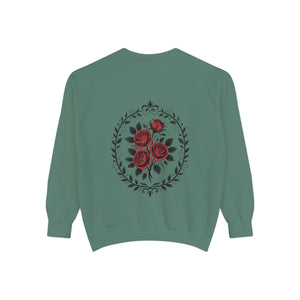 Aven Lore Sweatshirt — Vintage Red Rose Back Print Crewneck