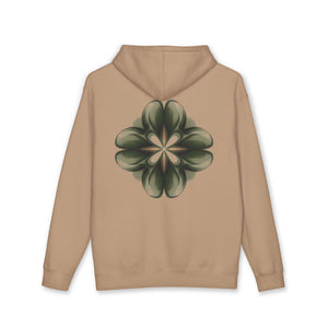 Aven Lore Graphic Hoodie — Minimal Logo Front & Olive Floral Emblem Back