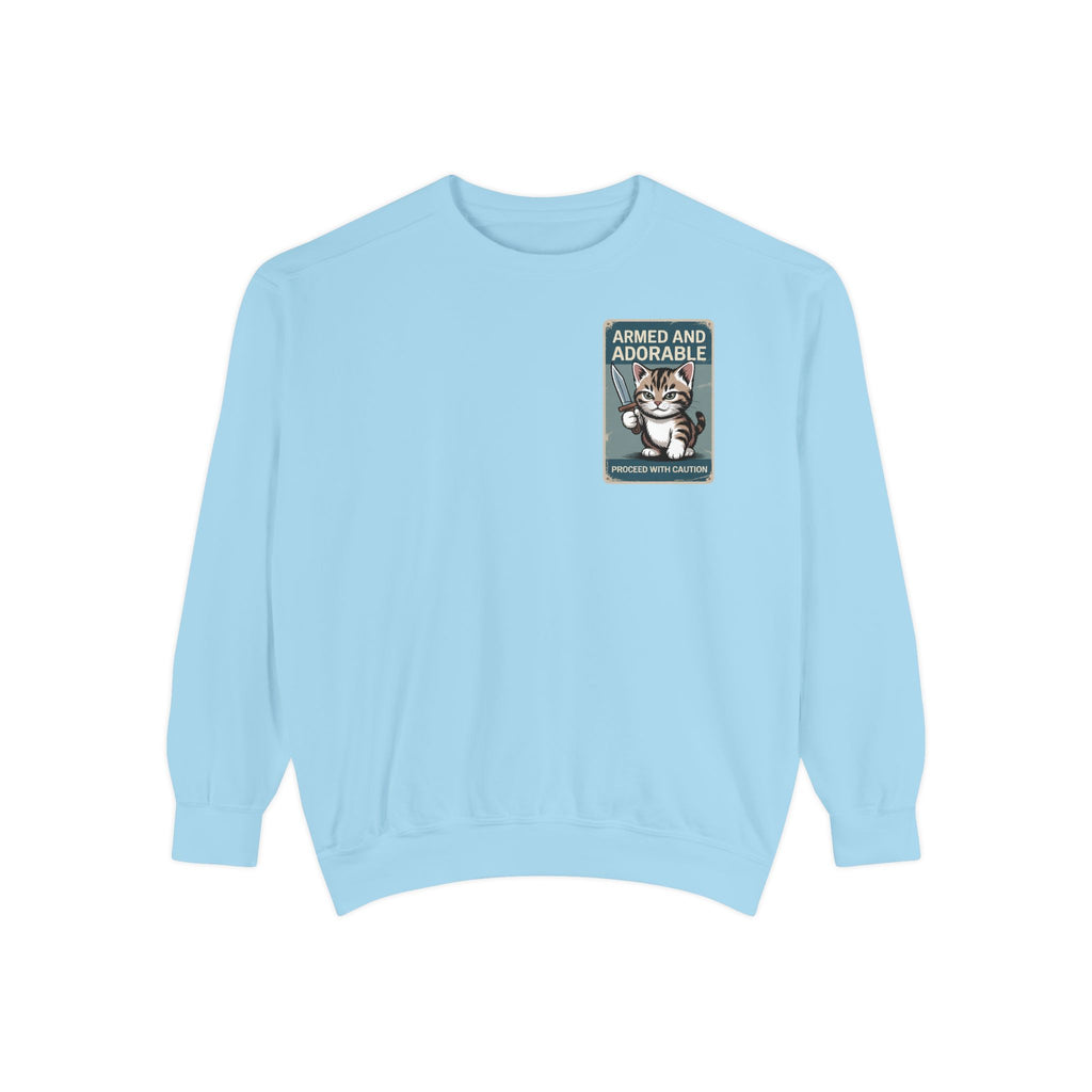 Armed and Adorable Cat Sweatshirt — Cute Graphic Crewneck for Cat Lovers