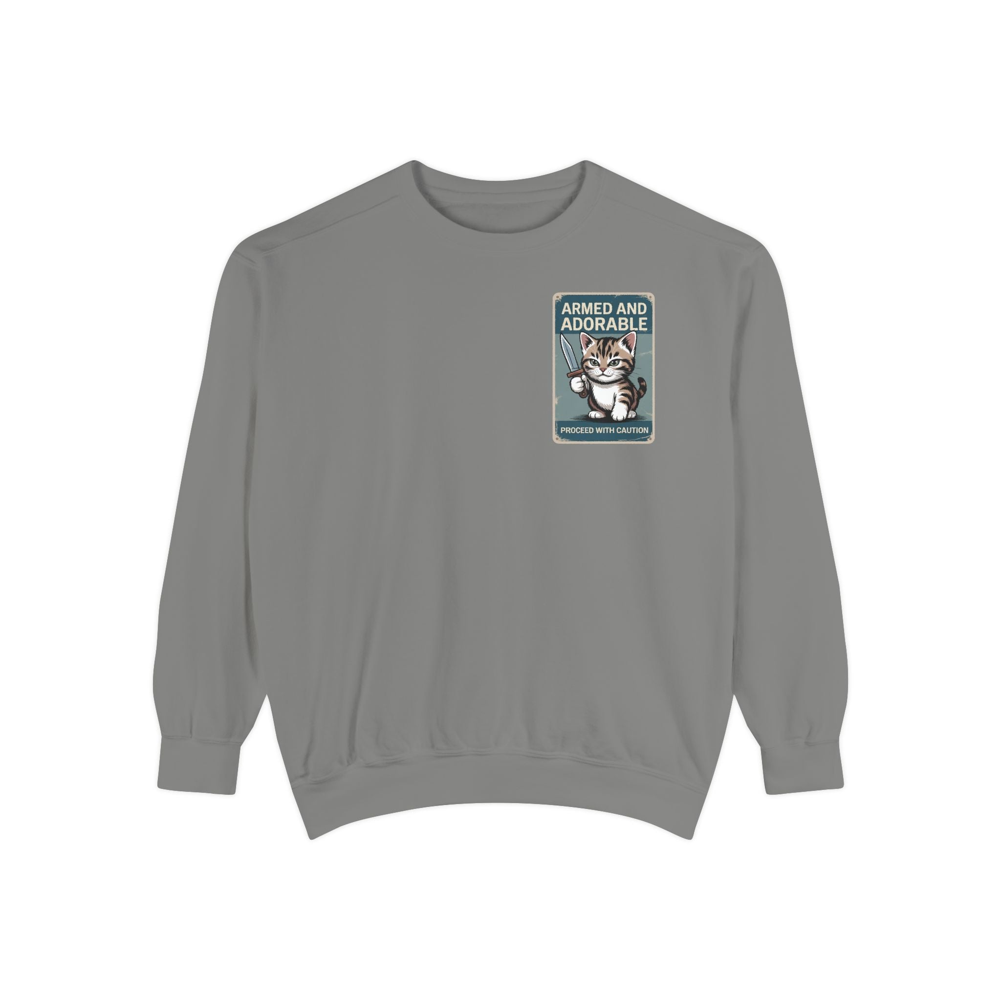 Armed and Adorable Cat Sweatshirt — Cute Graphic Crewneck for Cat Lovers