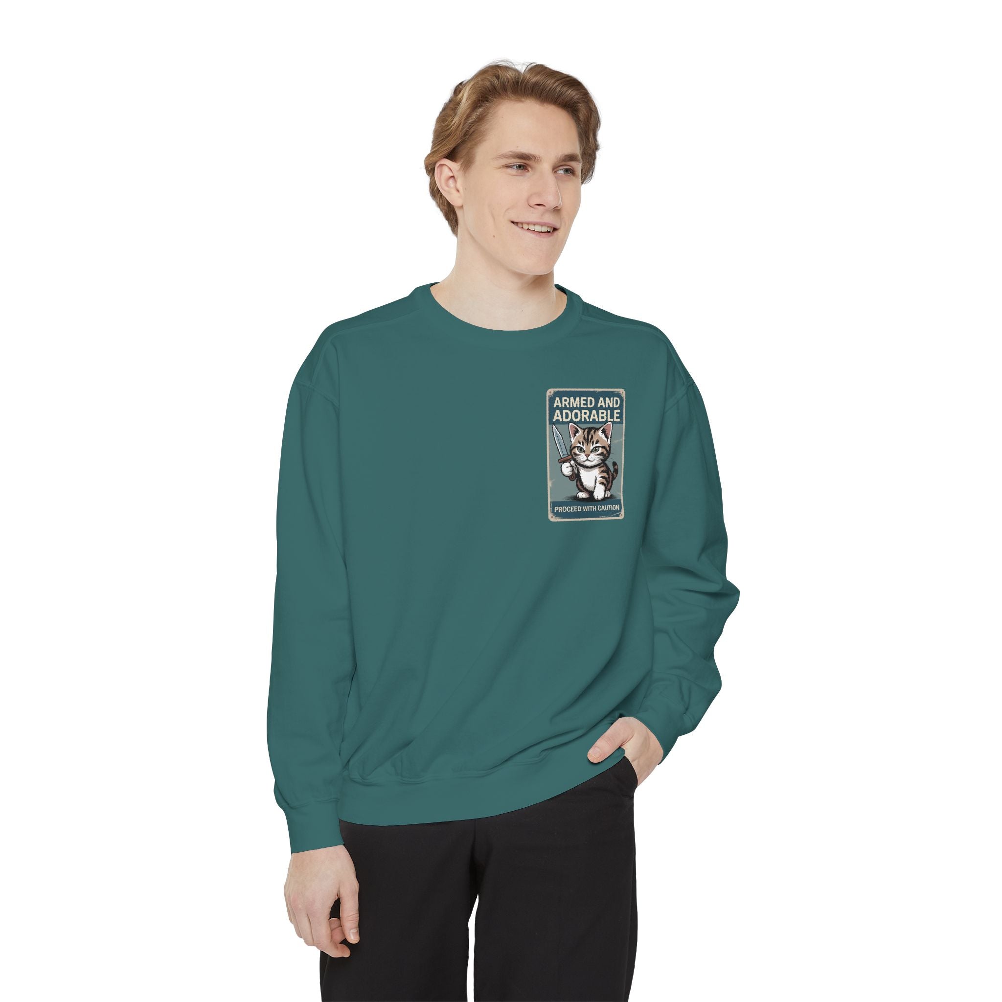 Armed and Adorable Cat Sweatshirt — Cute Graphic Crewneck for Cat Lovers