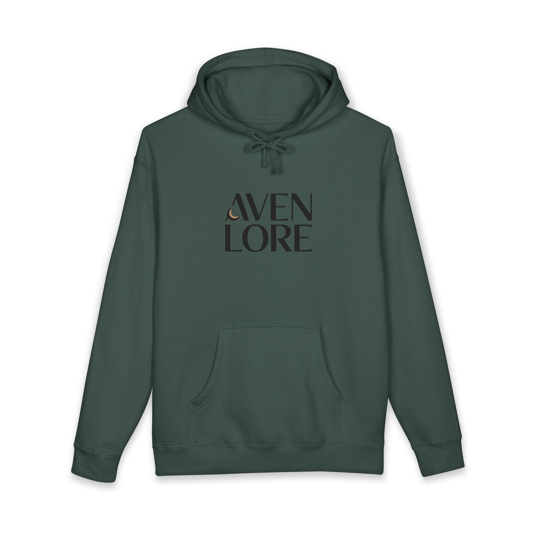 Aven Lore Graphic Hoodie — Minimal Logo Front & Olive Floral Emblem Back