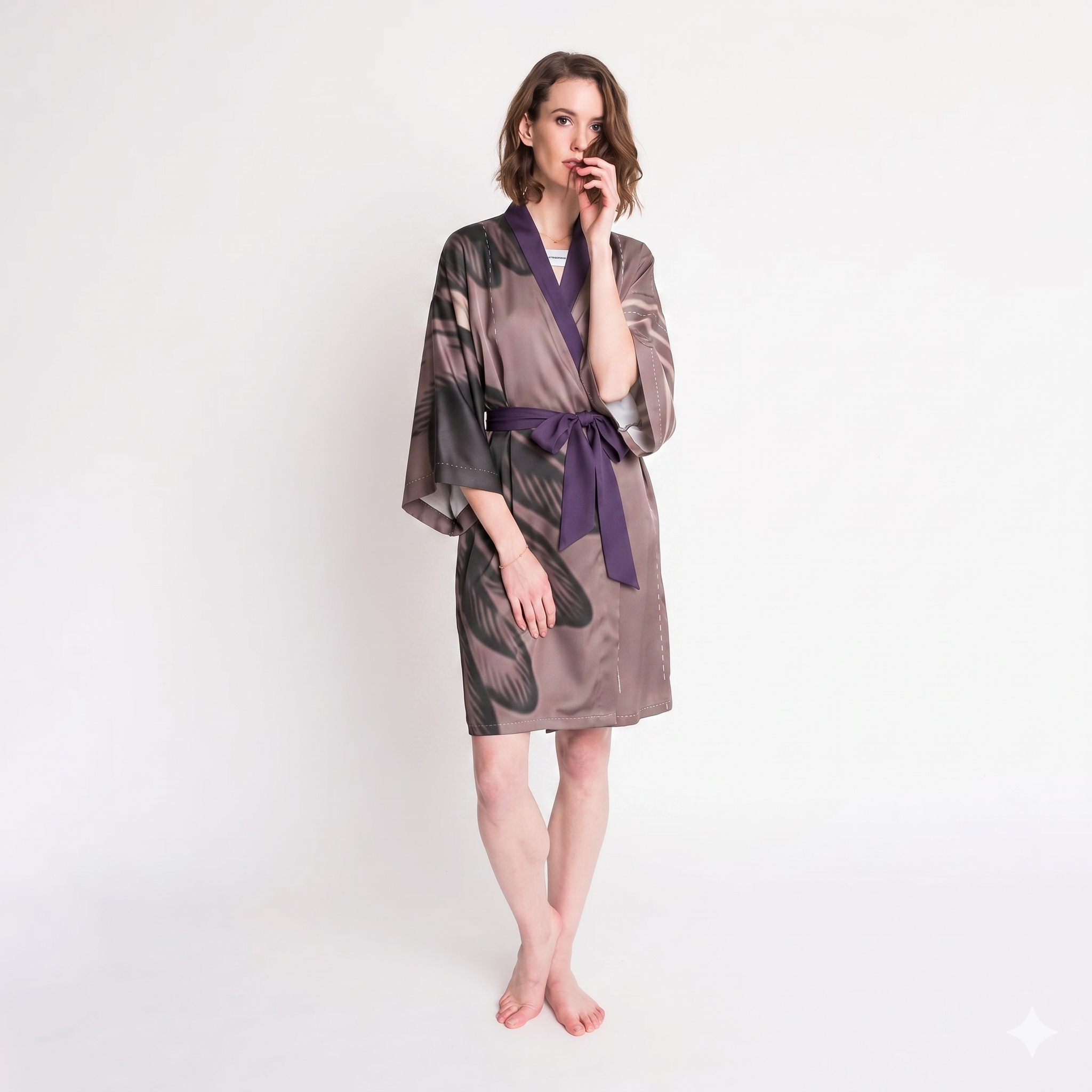 Elegant Pure Silk Satin Kimono - Raven and Gothic Arch Design
