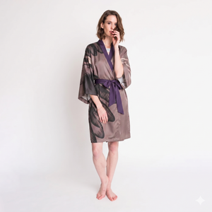 Elegant Pure Silk Satin Kimono - Raven and Gothic Arch Design