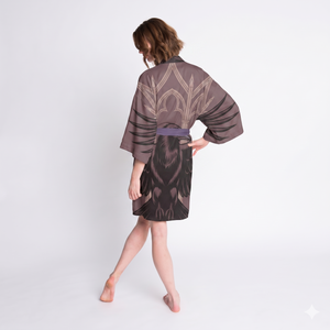 Elegant Pure Silk Satin Kimono - Raven and Gothic Arch Design
